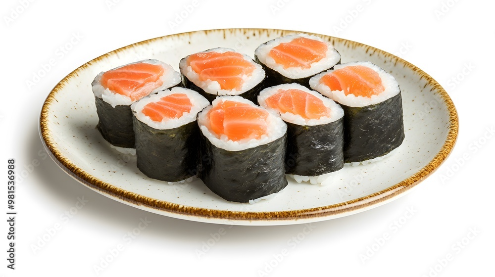 Delicious salmon maki sushi rolls on ceramic plate Delicious salmon maki sushi rolls on ceramic plate