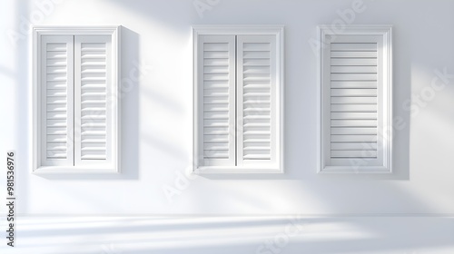 Three elegant white shutters framed against a bright, minimalist wall, showcasing simplicity and light.