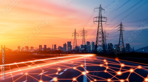 A city skyline with power lines against a colorful sunset, featuring glowing pathways, symbolizing energy and connectivity in a modern urban landscape. photo