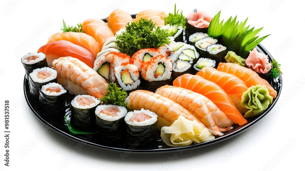 Assorted sushi platter with fresh fish, rolls, and garnishes on black plate Assorted sushi platter with fresh fish, rolls, and garnishes on black plate
