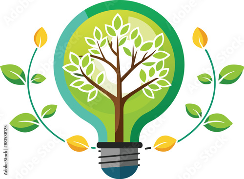 Light bulb with a growing tree inside and leaves, symbolizing sustainability, green energy, and environmental innovation.