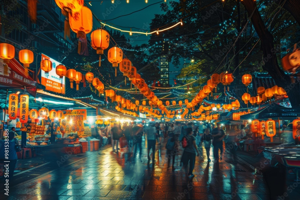 Obraz premium Orange Celebration. A vibrant and bustling night market in with colorful lanterns