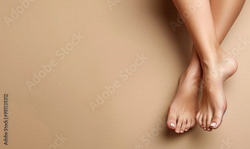 Beautiful, well-groomed feet on soft beige surface, surrounded by delicate dried flowers for a calming, natural look. Free copy space for text.