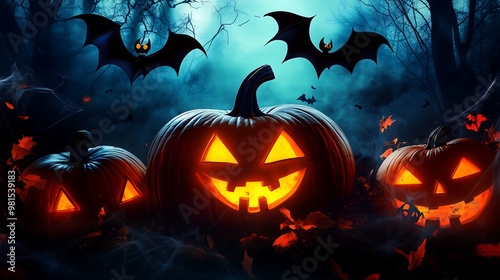 Glowing jack-o'-lanterns with flying bats on Halloween night photo