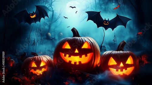 Glowing jack-o'-lanterns with flying bats on Halloween night photo