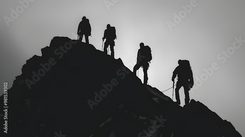 Silhouette of climbers who climbed to the top of the mountain thanks to mutual assistance
