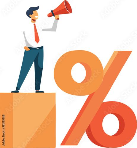 Person standing on a platform with a percentage symbol, announcing financial growth with a megaphone