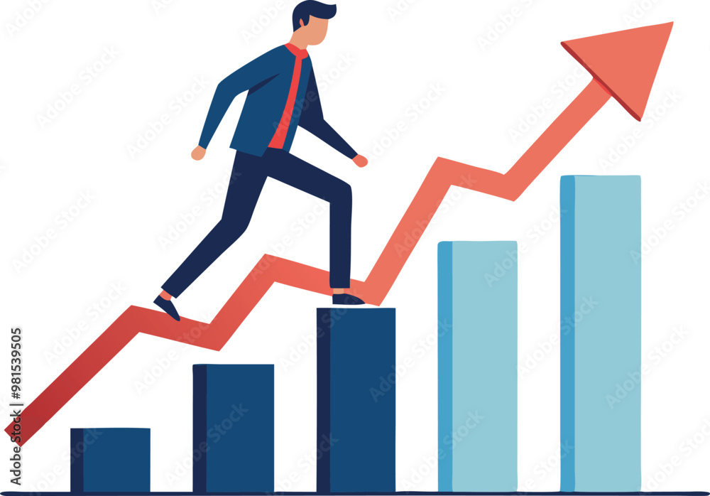Businessman walking up a growing graph with an arrow, symbolizing success and upward growth in business