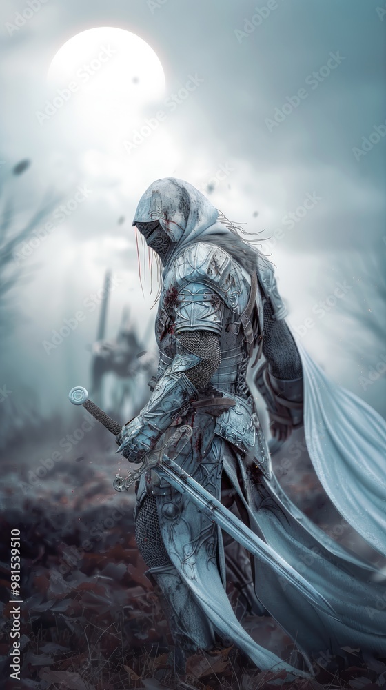 A lone knight in silver armor, glittering with streaks of blood, walks across the field with a sword in his hand as the first rays of dawn break through the clouds, announcing the end of the conflict. A lone knight in silver armor, glittering with streaks of blood, walks across the field with a sword in his hand as the first rays of dawn break through the clouds, announcing the end of the conflict.