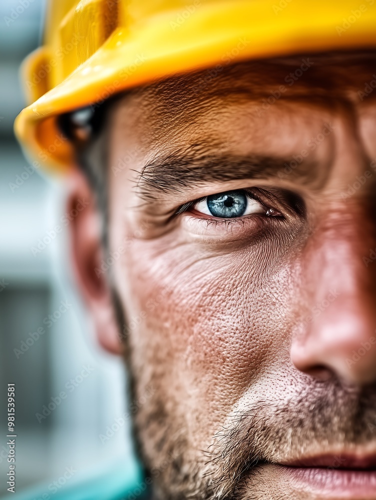 Intense gaze of a construction worker wearing a yellow helmet Intense gaze of a construction worker wearing a yellow helmet