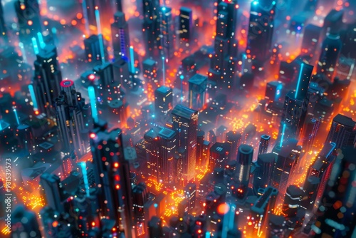 Close Up of a Blue Cityscape, The heart of a digitally-connected city, where smart devices and sensors gather real-time information for decision-making