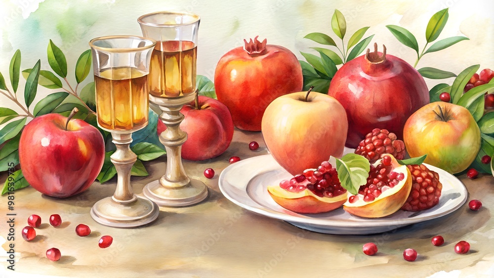 Red apples and pomegranates with elegant glasses creating a festive arrangement on a table Red apples and pomegranates with elegant glasses creating a festive arrangement on a table