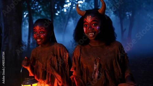 Two African American girls smiling in red horned Demon costume in misty dark forest holding lantern, spooky Halloween night, All Hallows Eve