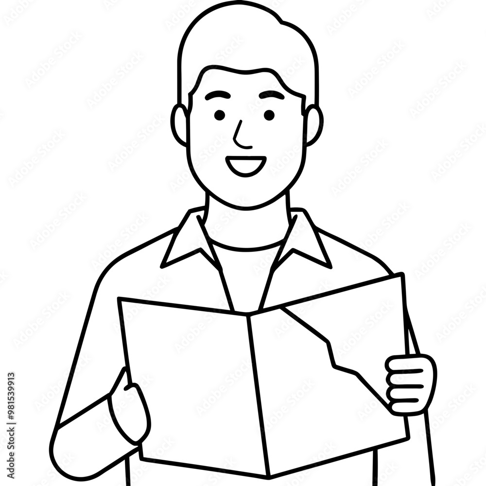 A man is holding a book and smiling. He is reading the book. The book is open to a page with a map A man is holding a book and smiling. He is reading the book. The book is open to a page with a map