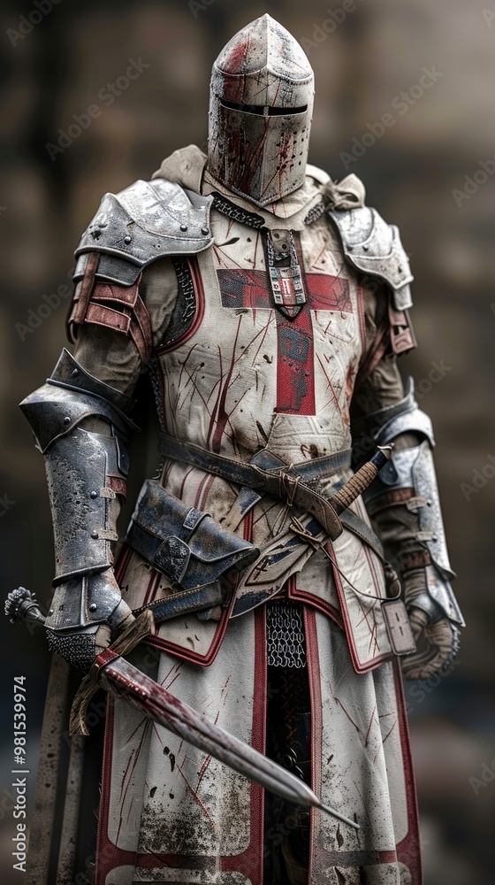 The whole-body image of a medieval warrior, clad in armor with a helmet and shield, reflects the grim and dark atmosphere of ancient tournaments. The whole-body image of a medieval warrior, clad in armor with a helmet and shield, reflects the grim and dark atmosphere of ancient tournaments.