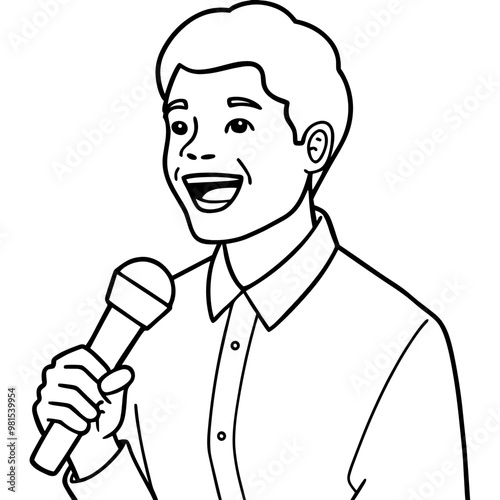 A man is holding a microphone and smiling. He is singing into it