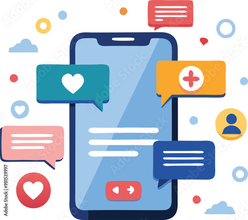 Mobile app interface with social media notification icons, representing communication and online interaction