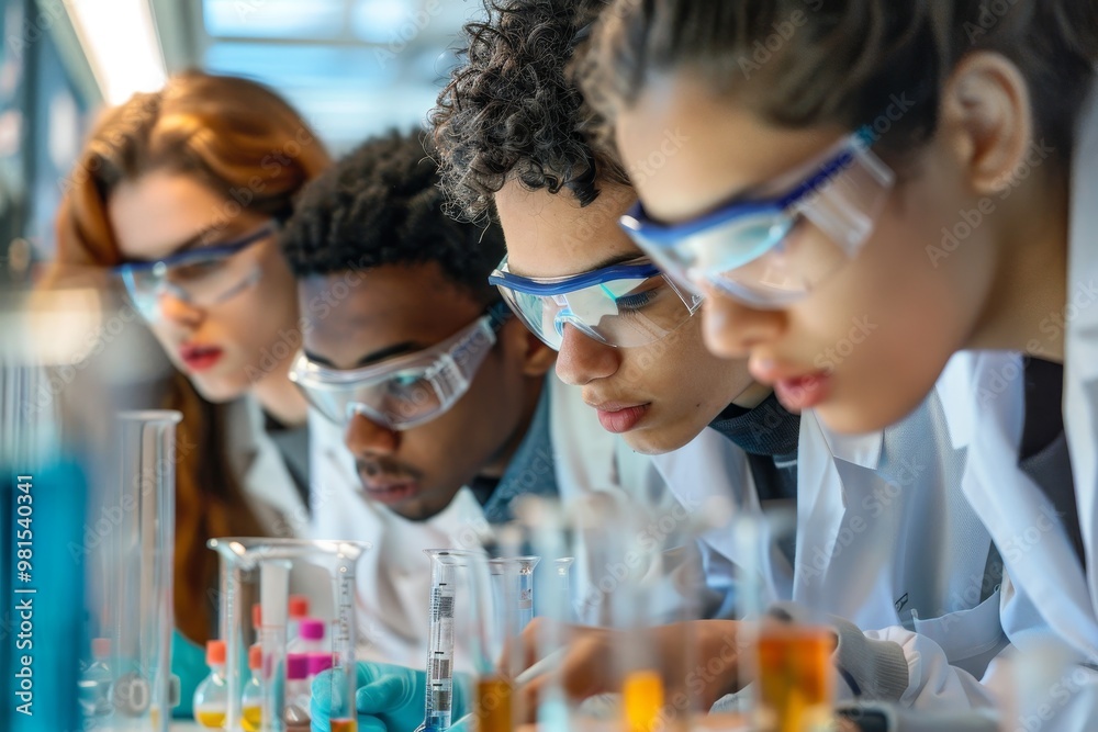 Students focused on studying together in a library, The intense focus of students in a science lab, conducting experiments and analyzing data Students focused on studying together in a library, The intense focus of students in a science lab, conducting experiments and analyzing data