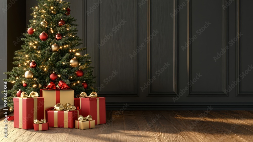 3D render Christmas background with gift boxes and christmas tree. Christmas tree with gift boxes on wooden table.