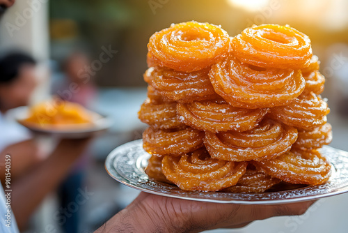 Jalebi Being Freshly Made and Served on a Decorative Plate | Traditional Indian Sweet Delight photo