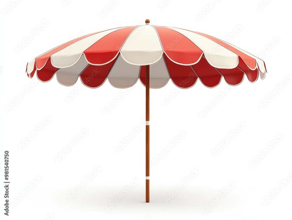 A vibrant striped beach umbrella providing shade and color, perfect for summer outings and outdoor events, white background A vibrant striped beach umbrella providing shade and color, perfect for summer outings and outdoor events, white background