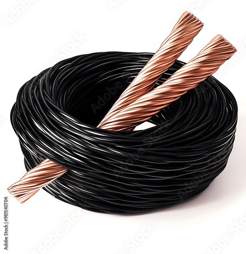 Coiled black electric cable with exposed copper wiring photo