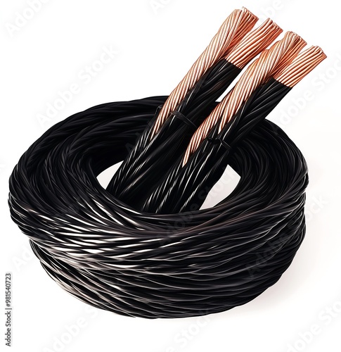 Coiled black electric cable with exposed copper wiring photo