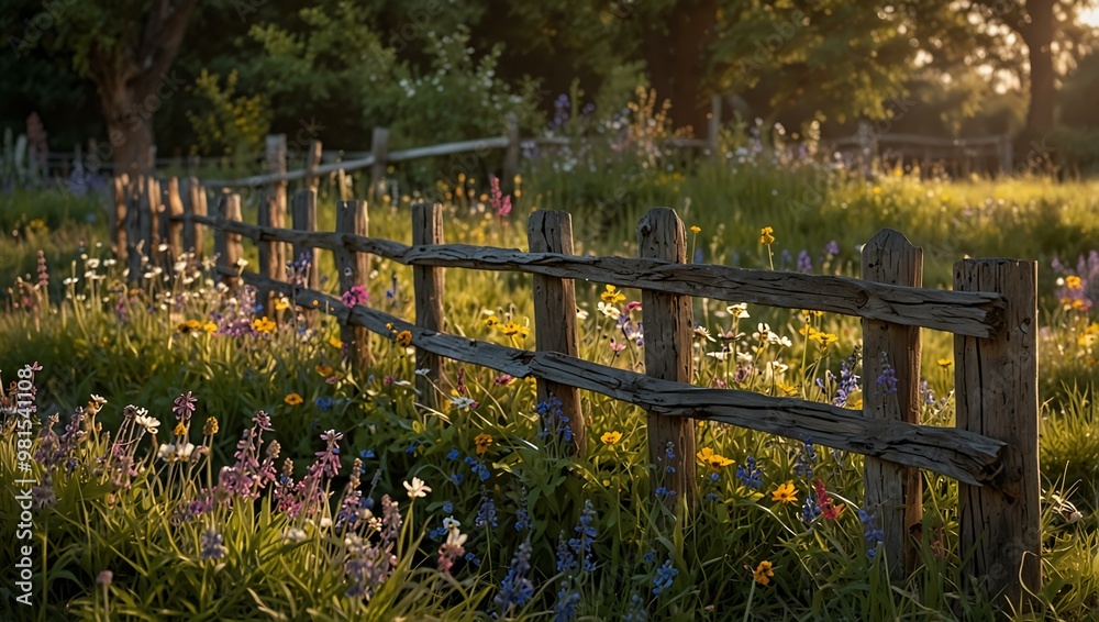 Rustic wooden fence with colorful wildflowers including daisies and bluebells. Rustic wooden fence with colorful wildflowers including daisies and bluebells.