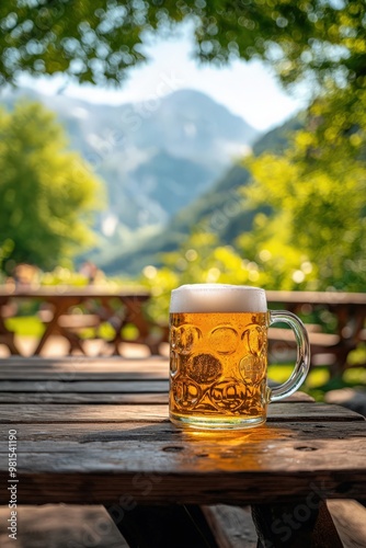 Close-up of a beer mug on a wooden table with a mountain landscape in the background