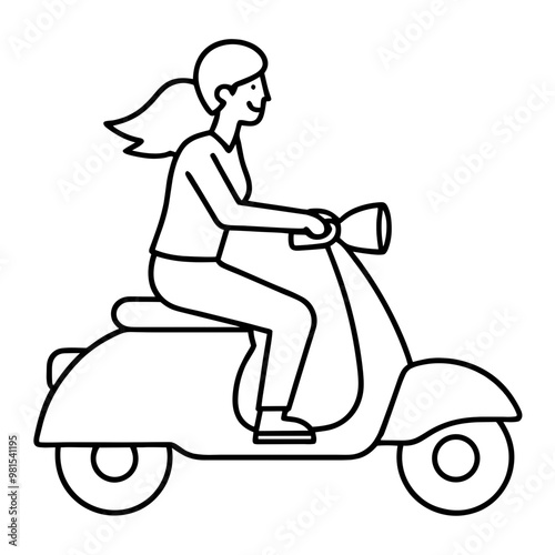 A woman is riding a scooter. She is smiling and her hair is blowing in the wind