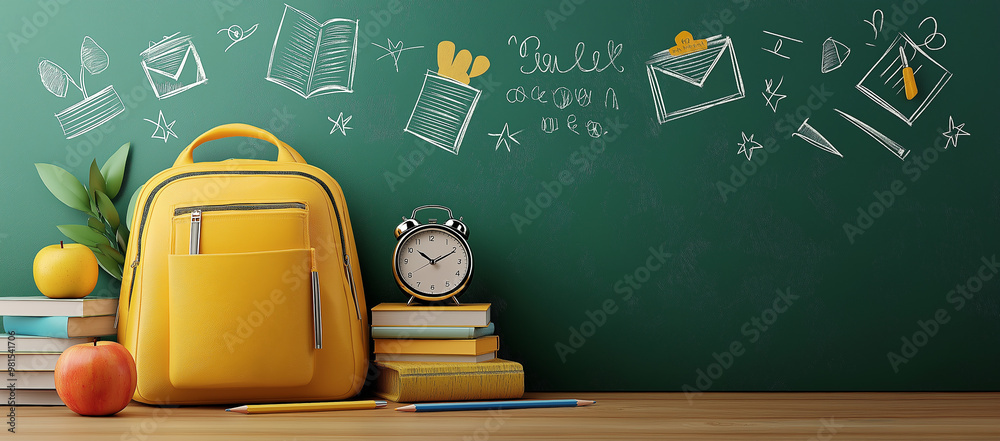 Yellow backpack with alarm clock and school equipment. Back to school concept on green background 3D Rendering, 3D Illustration