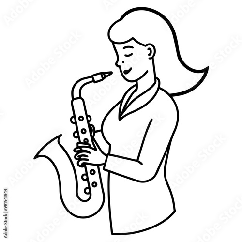 A woman is playing a saxophone. She is smiling and she is enjoying herself. The saxophone is held in her right hand, and she is wearing a suit