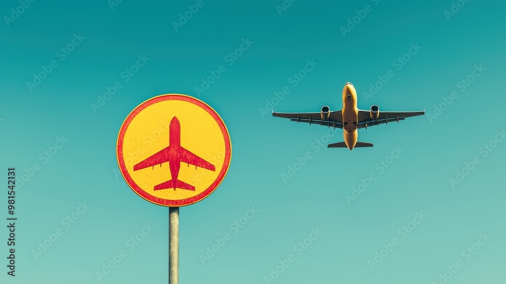 A bright blue sky features an airplane flying above a yellow sign with a plane symbol, indicating an airport or flight zone. A bright blue sky features an airplane flying above a yellow sign with a plane symbol, indicating an airport or flight zone.