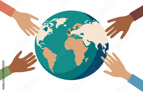 Illustration of multiple hands holding a globe, symbolizing global unity, cooperation, and multicultural collaboration.