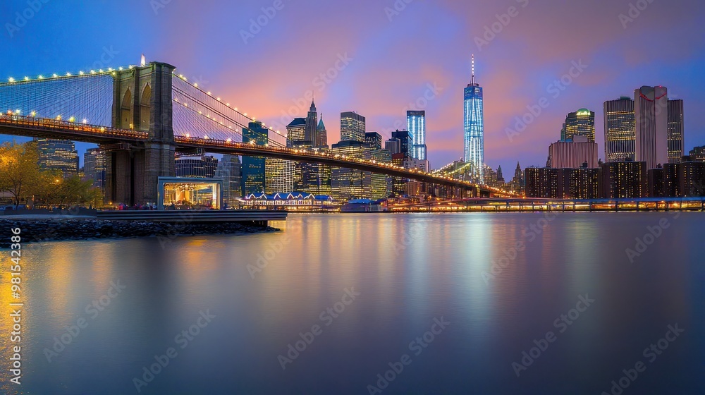 Naklejka premium Brooklyn Bridge and Manhattan skyline during twilight, city lights reflecting on water, concept of urban landscapes transparent background