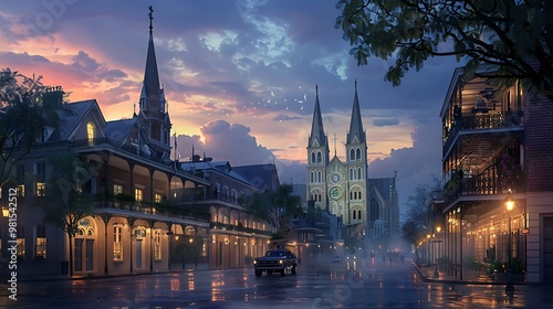 A misty evening scene in an old city featuring historic buildings, spires, and reflections on wet streets under a colorful sky.