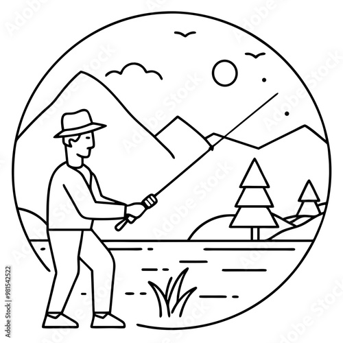 A man is fishing in a lake with mountains in the background. The man is wearing a hat and holding a fishing rod. The scene is peaceful and serene, with the man enjoying the outdoors