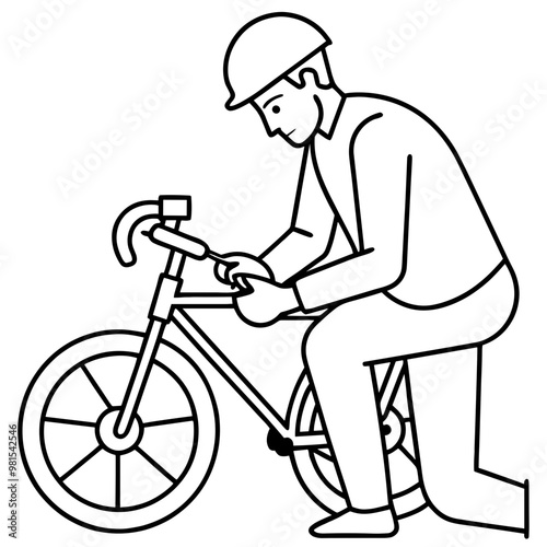 A man is fixing a bicycle. He is wearing a helmet and a jacket. The bicycle is black and white