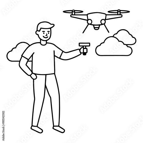 A man is holding a device and looking at a drone. The drone is flying in the sky