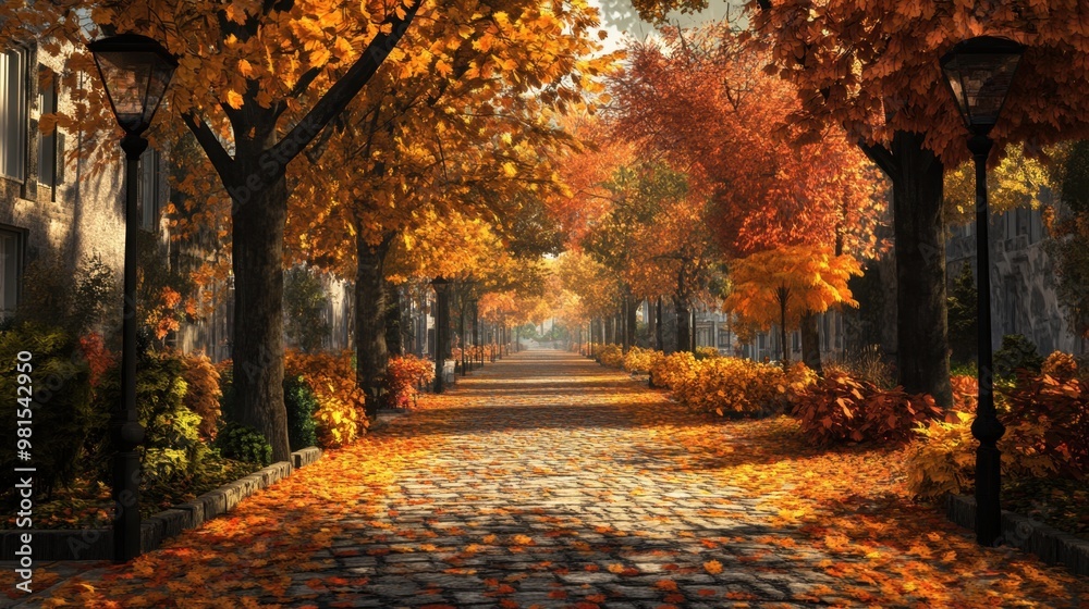 Fototapeta premium A long path with trees on both sides and a lot of leaves on the ground