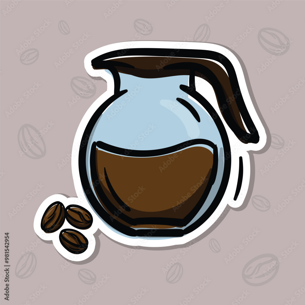 Simple vector illustration of a jug with coffee and coffee beans. Hand drawn illustration for sticker, emblem, label, price tag. Colored casual icon for the design of a cafe, restaurant Simple vector illustration of a jug with coffee and coffee beans. Hand drawn illustration for sticker, emblem, label, price tag. Colored casual icon for the design of a cafe, restaurant