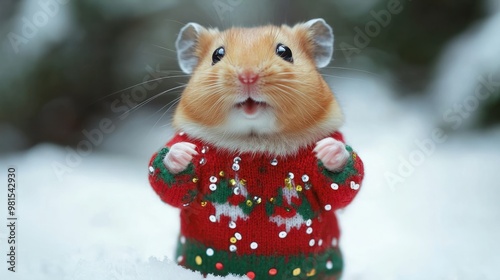 Christmas hamster. hamster wearing Christmas sweater with sequins photo