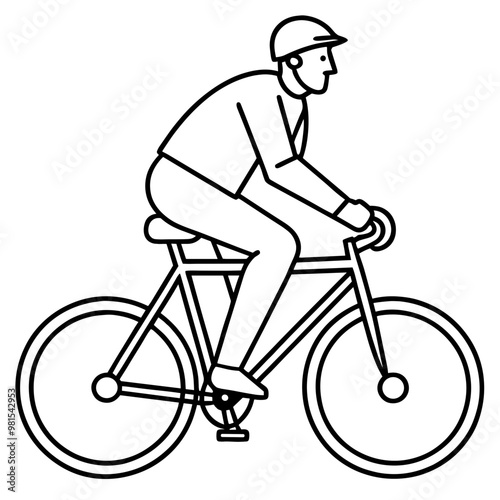 A man is riding a bicycle. He is wearing a helmet and a jacket. The bicycle is black and white