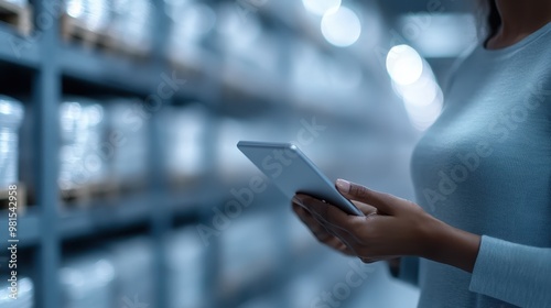 An image of a person holding and using a tablet in a brightly illuminated storage room, emphasizing modern technology in inventory management or logistics in a sleek environment.