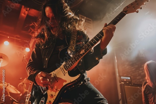 A group of men playing musical instruments including guitar, drums, and trumpet on a street, The lead guitarist shreds on his instrument, captivating the crowd with his skill