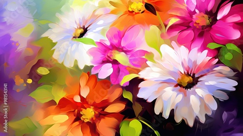 A painting of a bouquet of flowers with a variety of colors