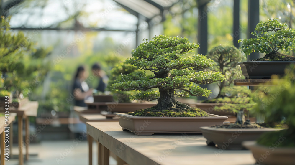 Asian individuals are laughing and discussing their work while arranging and tending to various bonsai trees. The setting can feature a mix of indoor and outdoor elements, like a t Asian individuals are laughing and discussing their work while arranging and tending to various bonsai trees. The setting can feature a mix of indoor and outdoor elements, like a t
