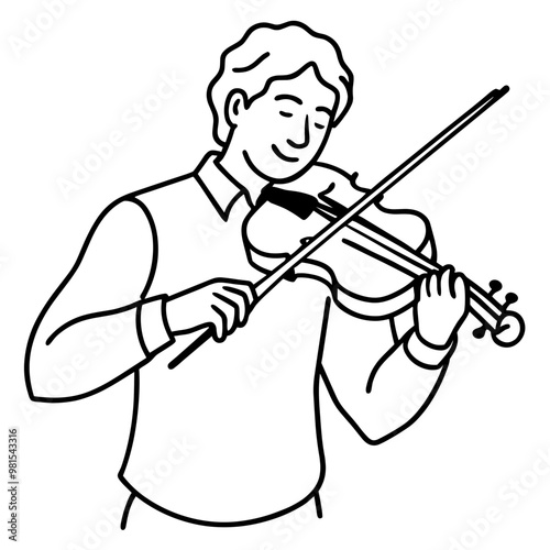 A man is playing the violin. He is smiling and he is enjoying himself. Concept of happiness and relaxation, as the man is engaged in a leisurely activity