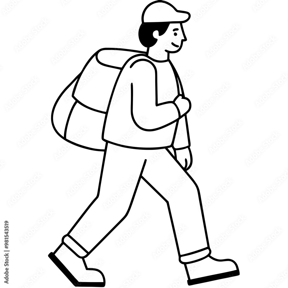 A man is walking with a backpack on his back. He is smiling and he is enjoying his walk A man is walking with a backpack on his back. He is smiling and he is enjoying his walk