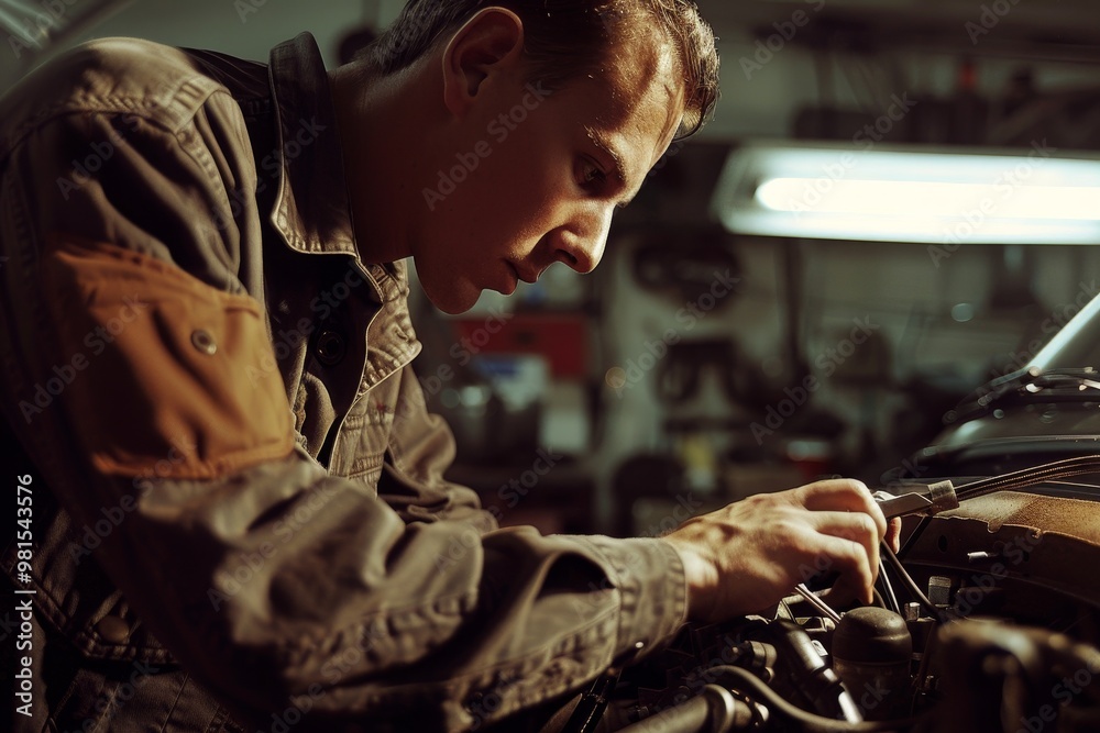 Mechanic working on car engine, calibrating timing belt in garage, The mechanic calibrating the timing belt in the engine Mechanic working on car engine, calibrating timing belt in garage, The mechanic calibrating the timing belt in the engine